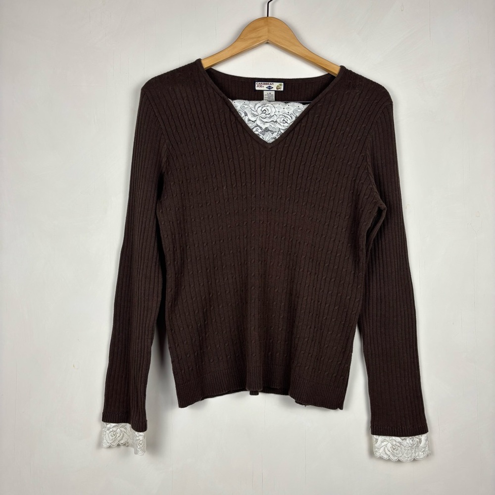 Caribbean Joe Brown Ribbed Knit Lace Trim Sweater L Y2K Neutral Cable Knit